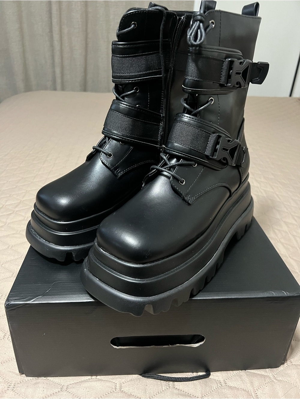 Fashion Nova Black Platform Moto Combat Boots
